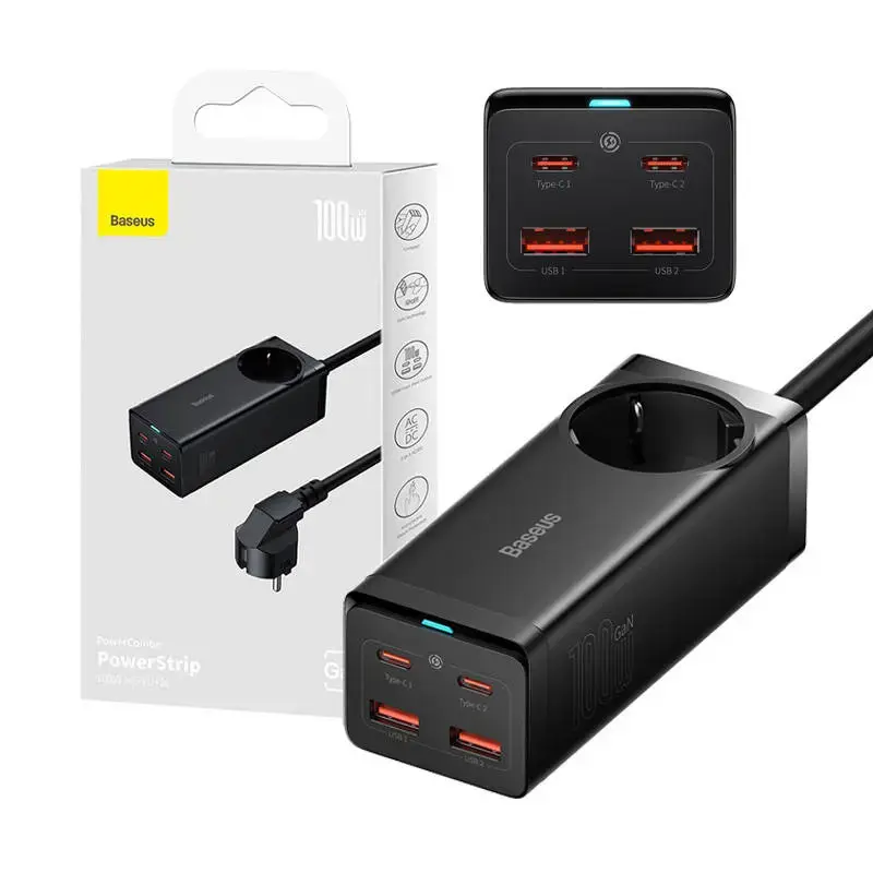"Baseus GaN3 Pro" sieninis įkroviklis / maitinimo juosta 2xUSB + 2xUSB-C + AC, 100 W (juoda)
