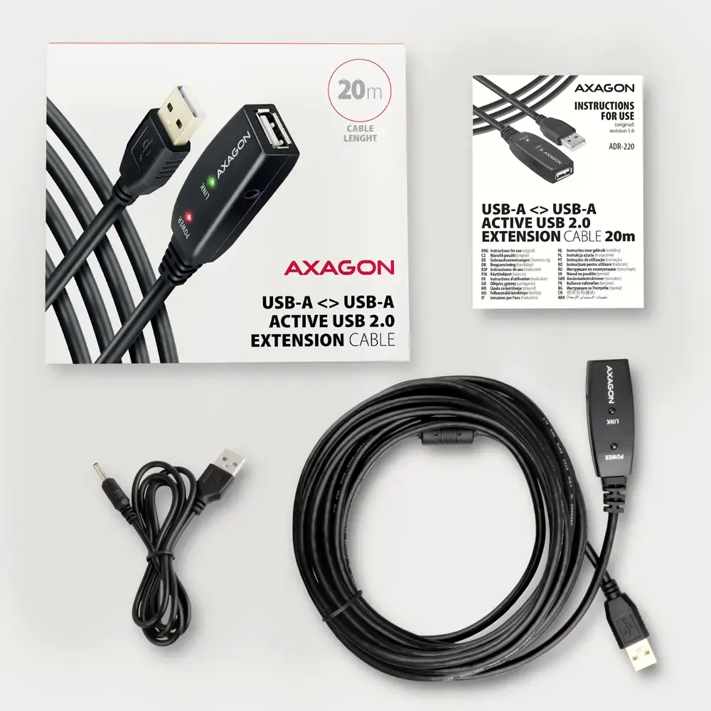 "Axagon ADR-220" aktyvusis ilgintuvas USB 2.0 A-M > A-F kabelis, 20 m ilgio. Maitinimo šaltinio parinktis.
