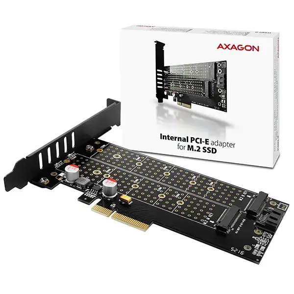 AXAGON PCEM2-D PCI-E 3.0 4x - DUAL M.2 SSD (NVMe + SATA), dviguba įtampa, iki 110 mm SSD