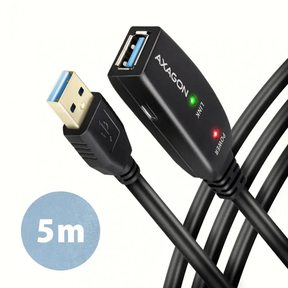 "Axagon Active" USB 3.2 Gen 1 A-M > A-F ilgintuvas, 5 m ilgio. Maitinimo šaltinio parinktis.