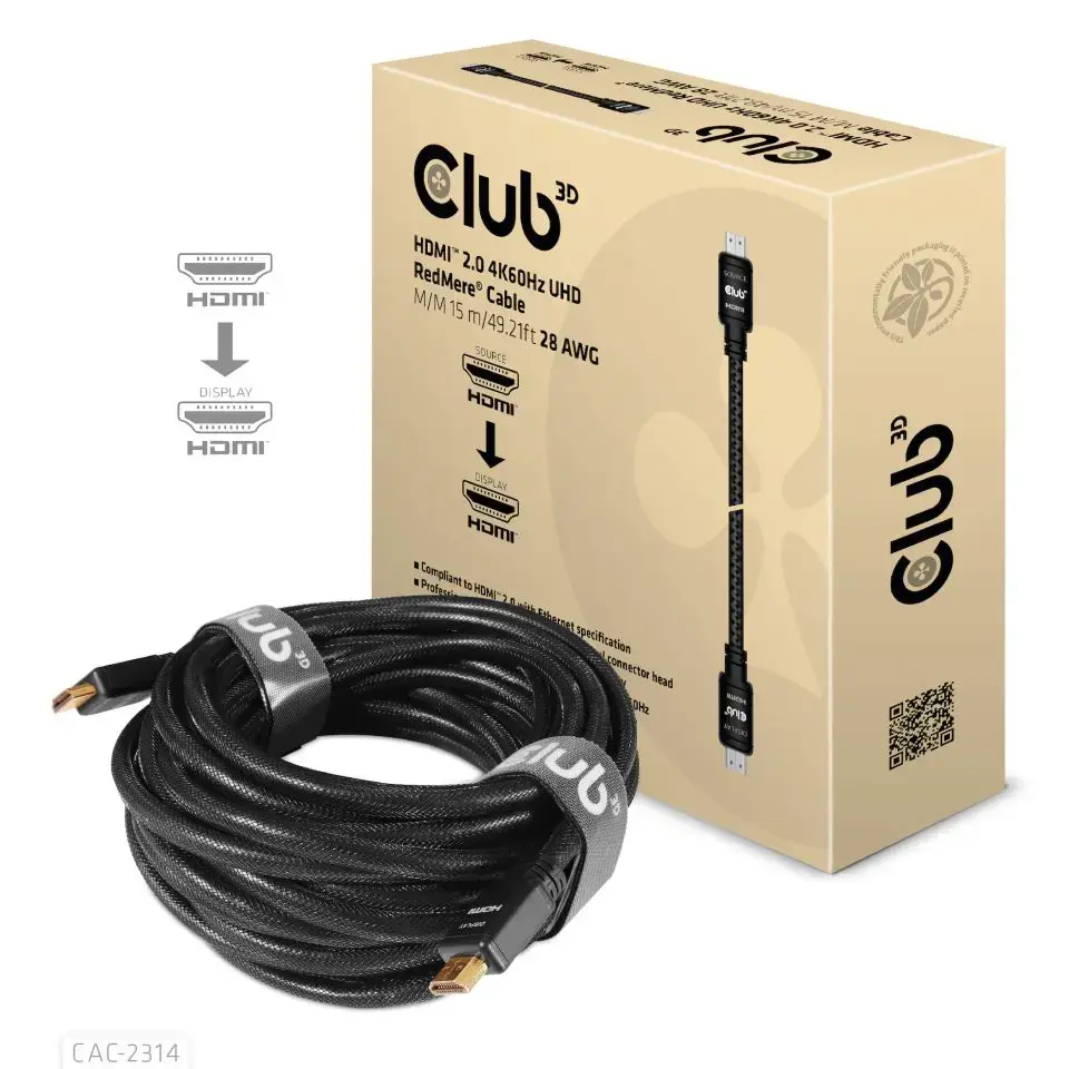 CLUB3D HDMI 2.0 4K60Hz RedMere cable 15m/49.2ft, 15 m, HDMI Type A (Standard), HDMI Type A (Standard), 3D, 18 Gbit/s, Black