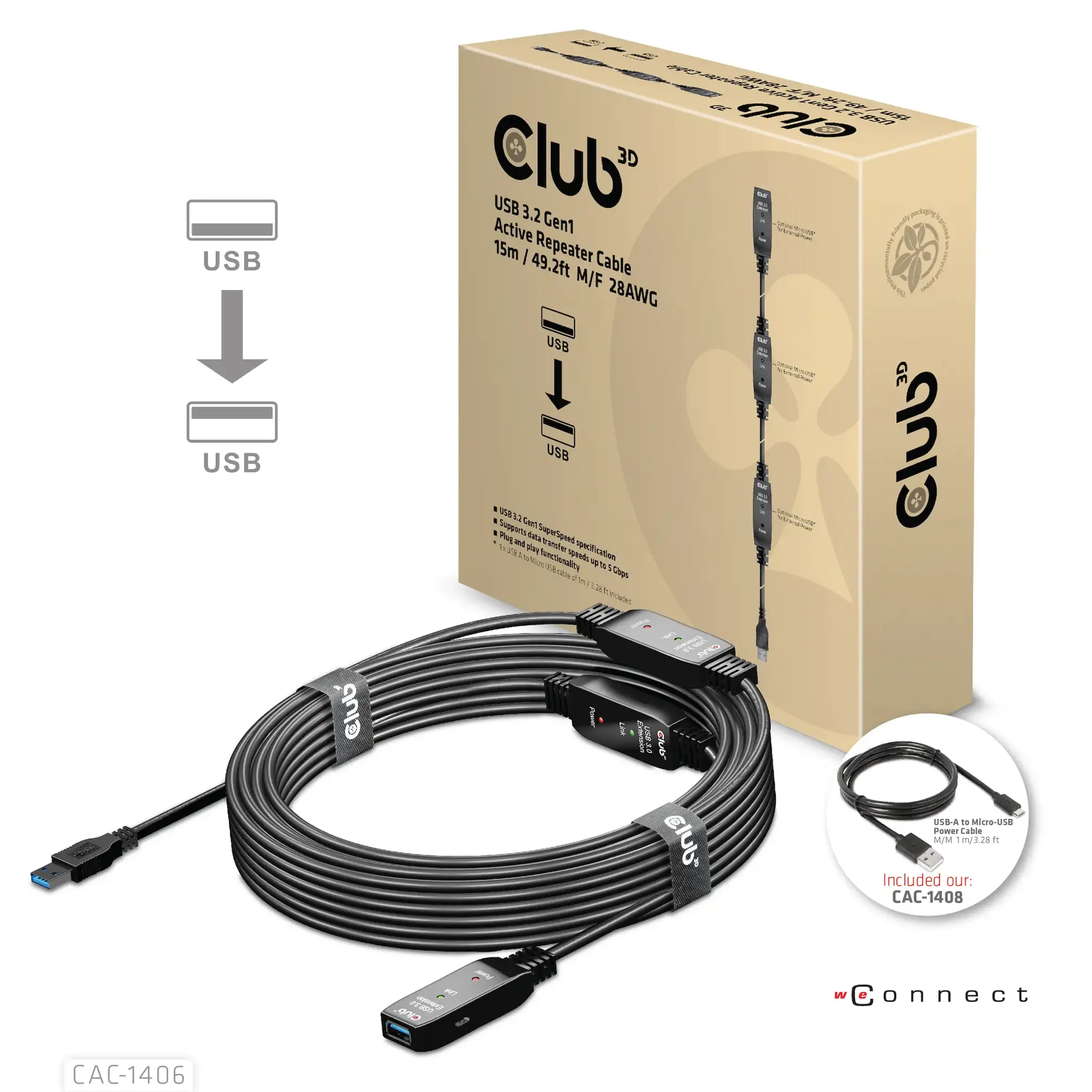 CLUB3D USB 3.2 Gen1 Active Repeater Cable 15m/ 49.2 ft M/F 28AWG, 15 m, USB A, USB A, USB 3.2 Gen 1 (3.1 Gen 1), Black