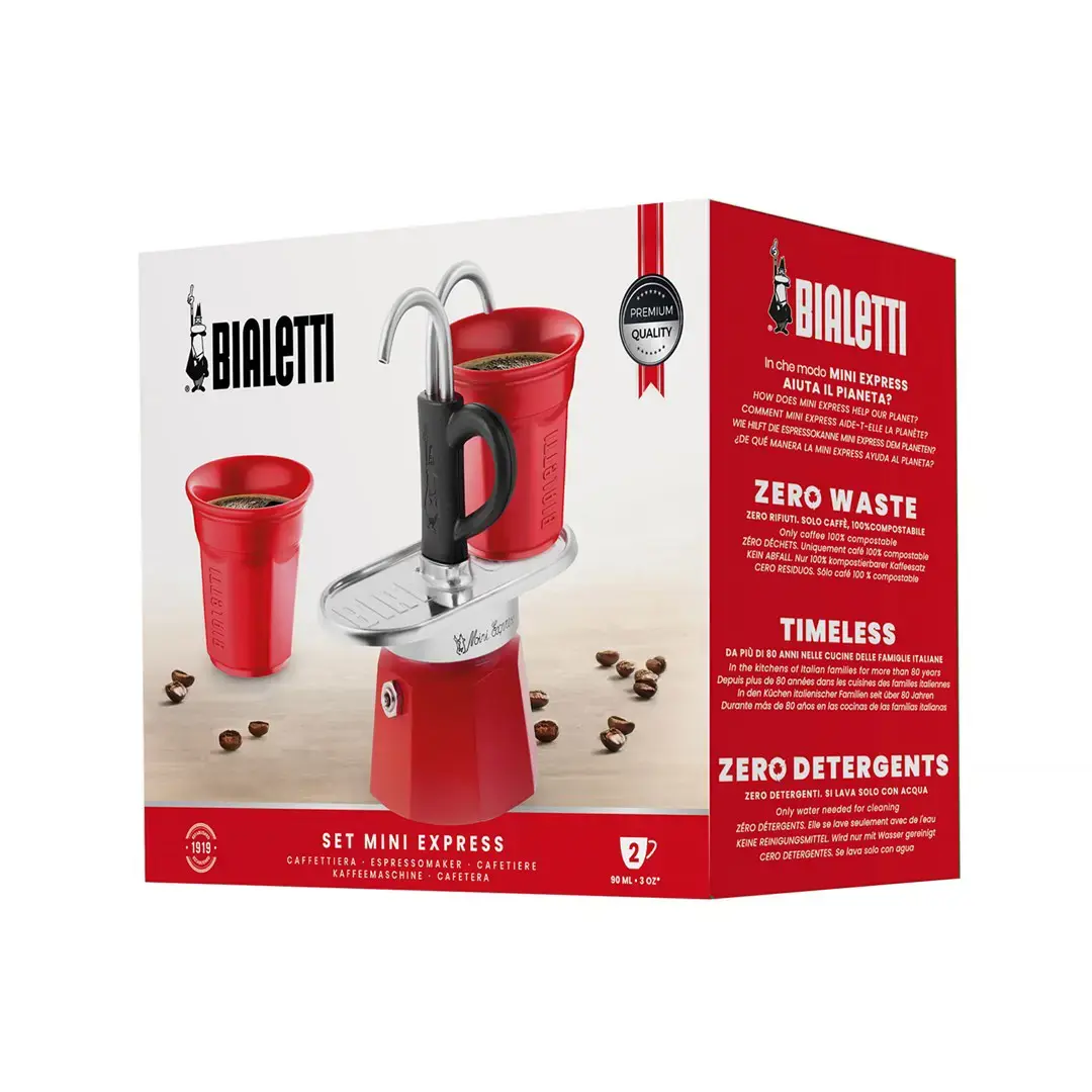 "Bialetti Mini Express" kavos aparatas raudonas 2tz + 2 puodeliai