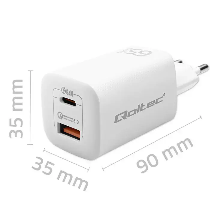 "Qoltec 50765" mobiliųjų įrenginių įkroviklis Nešiojamasis kompiuteris, nešiojamoji žaidimų konsolė, maitinimo bankas, išmanusis telefonas, išmanusis laikrodis, planšetinis kompiuteris Baltas kintamosios srovės greitasis įkrovimas viduje