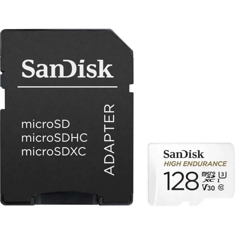 "SanDisk High Endurance microSDXC" 128 GB + SD adapteris - skirtas automobilinėms kameroms ir namų stebėjimui, iki 10 000 valandų, "Full HD" / 4K vaizdo įrašai, iki 100/40 MB/s skaitymo / rašymo greitis, C10, U3, V30; EAN:619659173104