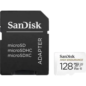 "SanDisk High Endurance microSDXC" 128 GB + SD adapteris - skirtas automobilinėms kameroms ir namų stebėjimui, iki 10 000 valandų, "Full HD" / 4K vaizdo įrašai, iki 100/40 MB/s skaitymo / rašymo greitis, C10, U3, V30; EAN:619659173104