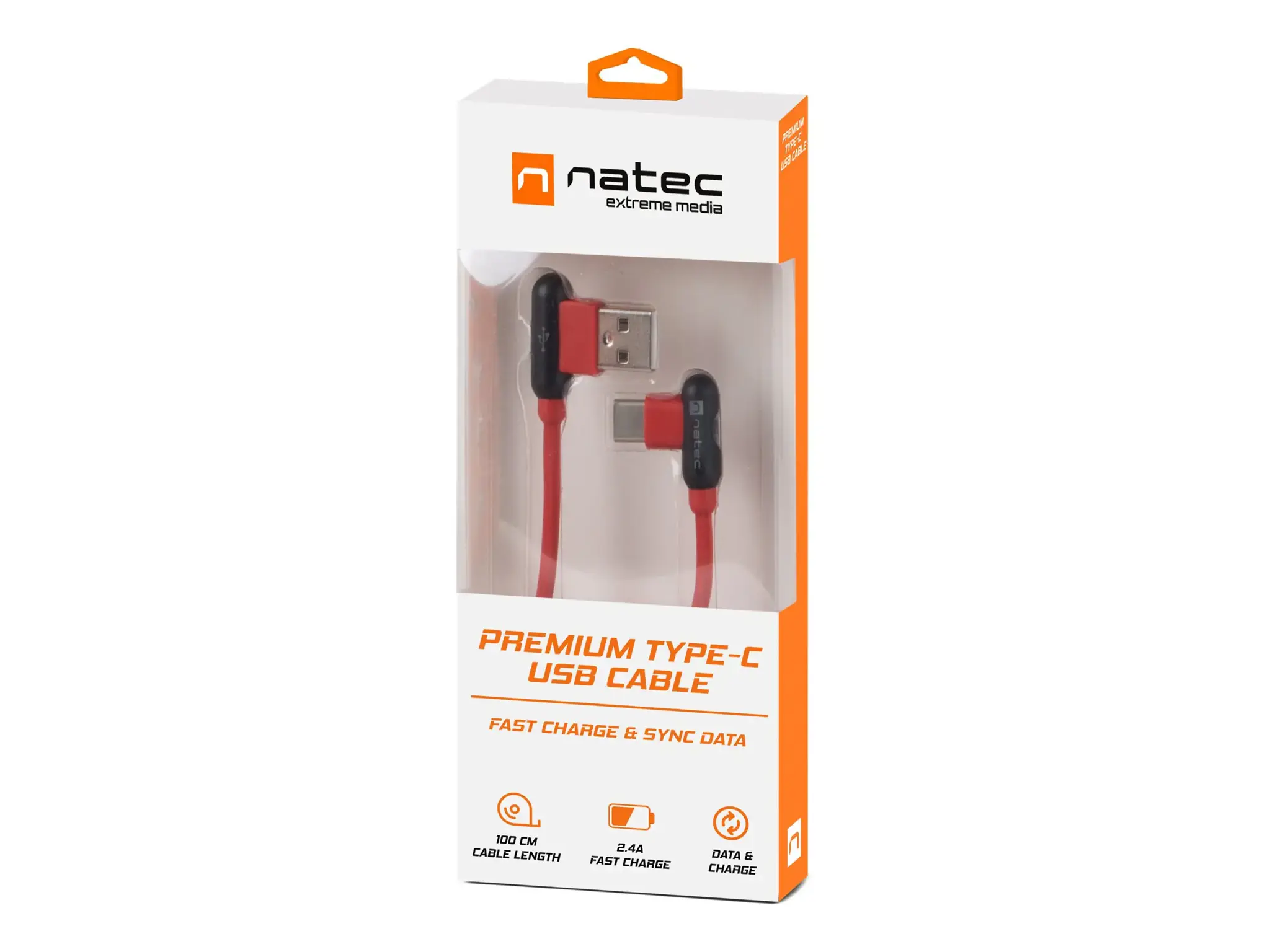 NATEC NKA-1201 Extreme Media kabelis USB Typ-C į USB (M), 1 m, pasuktas į kairę/dešinę, raudonos spalvos