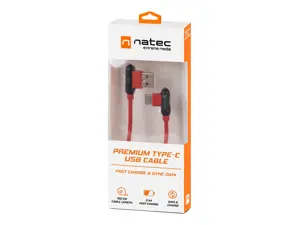NATEC NKA-1201 Extreme Media kabelis USB Typ-C į USB (M), 1 m, pasuktas į kairę/dešinę, raudonos spalvos