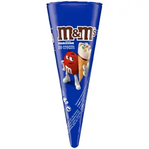 Valgomieji vaniliniai ledai vafliniame kūgelyje M&M's,su pieninio šokolado dražė, 110 g