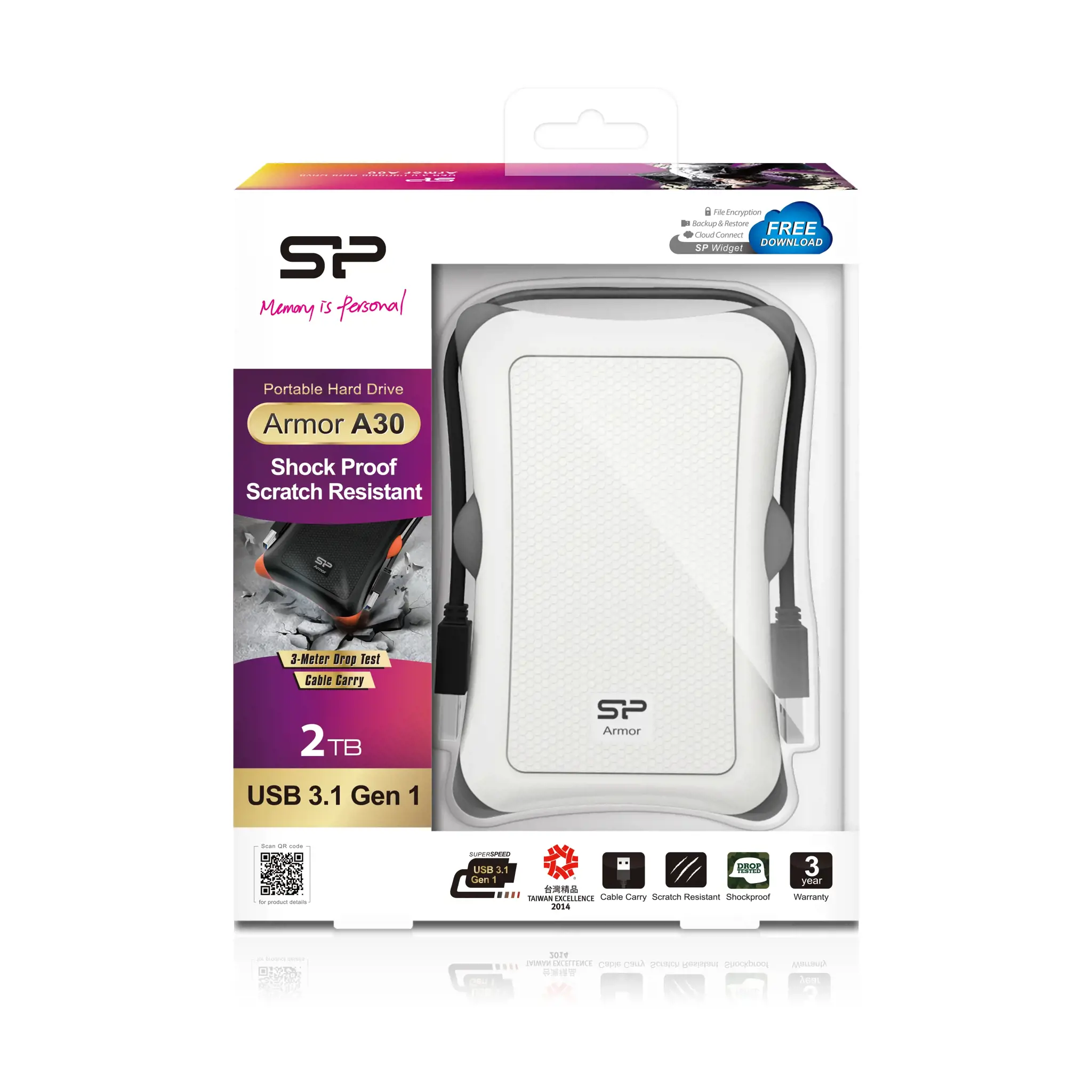 SILICONPOW SP020TBPHDA30S3W Išorinis kietasis diskas Silicon Power Armor A30 2.5 2TB USB 3.0, apsaugotas nuo smūgių, baltos spalvos