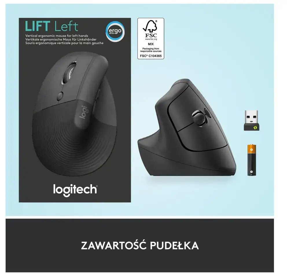 "Logitech Lift Left Vertical" ergonominė pelė, kairioji, vertikalios konstrukcijos, optinė, RF belaidis ryšys + "Bluetooth", 4000 DPI, grafito spalvos