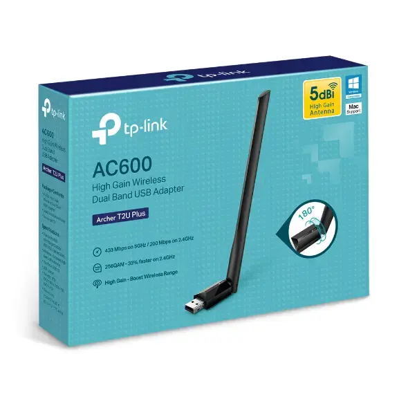 TP-LINK AC600 didelio stiprumo "Wi-Fi" dviejų juostų USB adapteris USB 2.0 1 didelio stiprumo antena