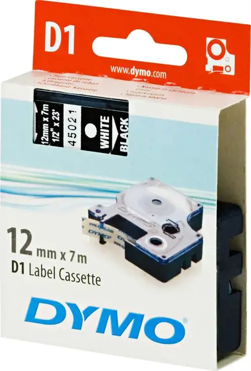 Juostelė DYMO D1, 12 mm x 7m, Baltai ant juodo