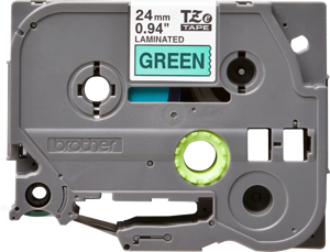 Brother laminuota juosta 24 mm, juoda ant žalios spalvos, TZe, pilka, terminis perkėlimas, Brother, PT-2430PC, PT-2700, PT-2730, PT-9600, PT-9700PC, PT-9800PCN