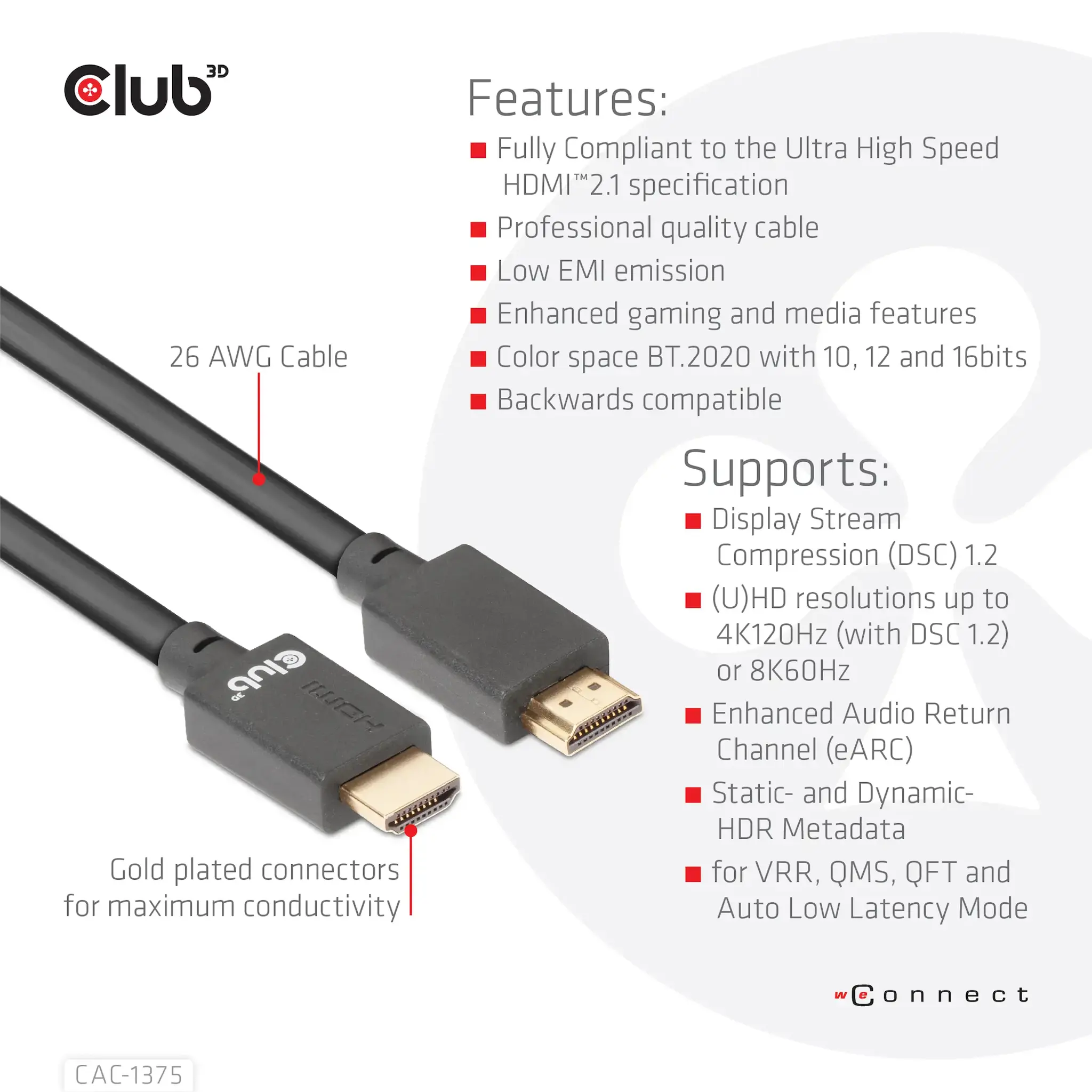 CLUB3D Ultra High Speed HDMI™ Certified Cable 4K120Hz 8K60Hz 48Gbps M/M 5m/16.4ft, 5 m, HDMI Type A (Standard), HDMI Type A (Standard), 48 Gbit/s, Audio Return Channel (ARC), Black