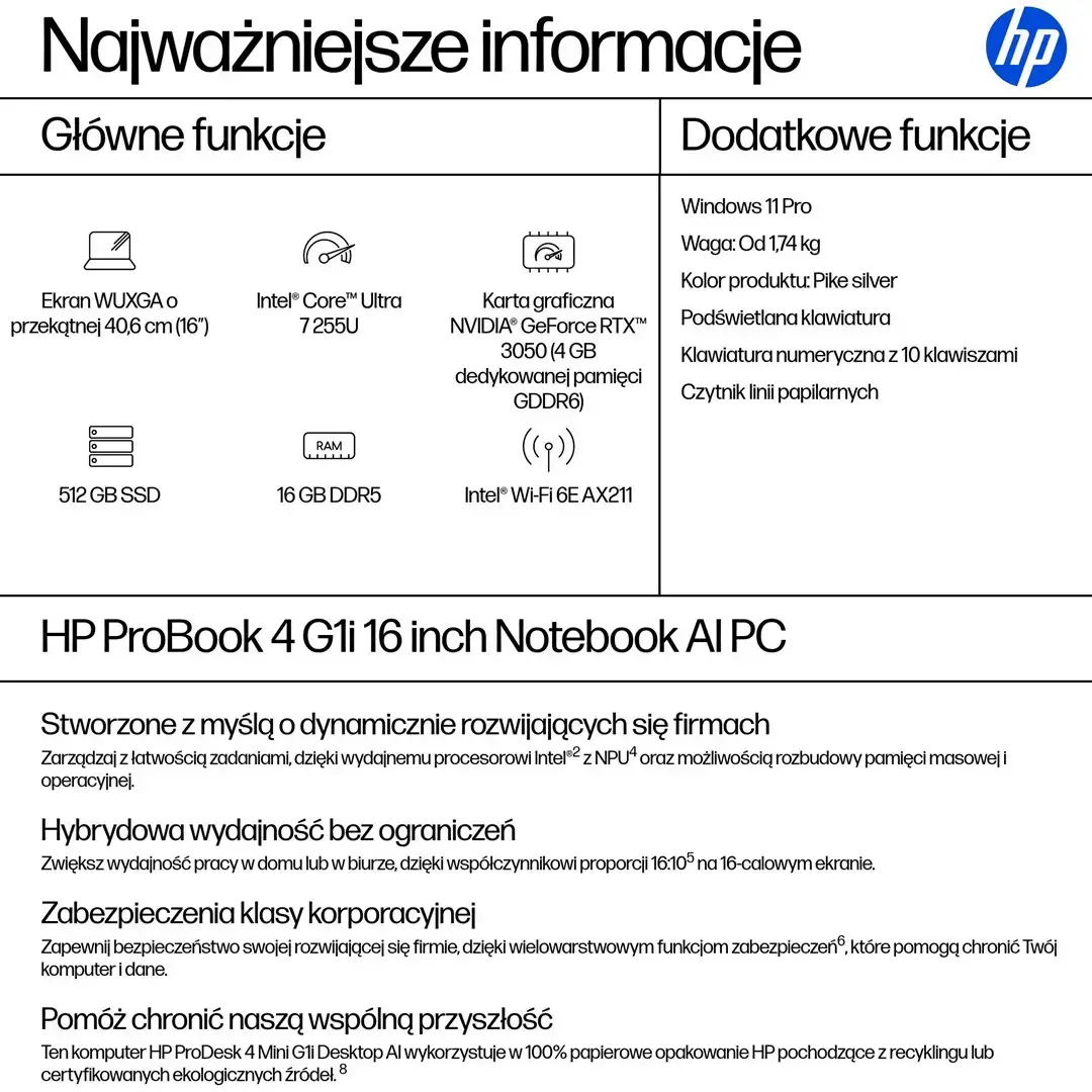 HP ProBook 4 G1i AI Intel Core Ultra 7 255U Laptop 40.6 cm (16") WUXGA 16 GB DDR5-SDRAM 512 GB SSD Wi-Fi 6E (802.11ax) Windows 11 Pro AI PC Silver