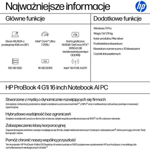 HP ProBook 4 G1i AI Intel Core Ultra 7 255U Laptop 40.6 cm (16") WUXGA 16 GB DDR5-SDRAM 512 GB SSD Wi-Fi 6E (802.11ax) Windows 11 Pro AI PC Silver