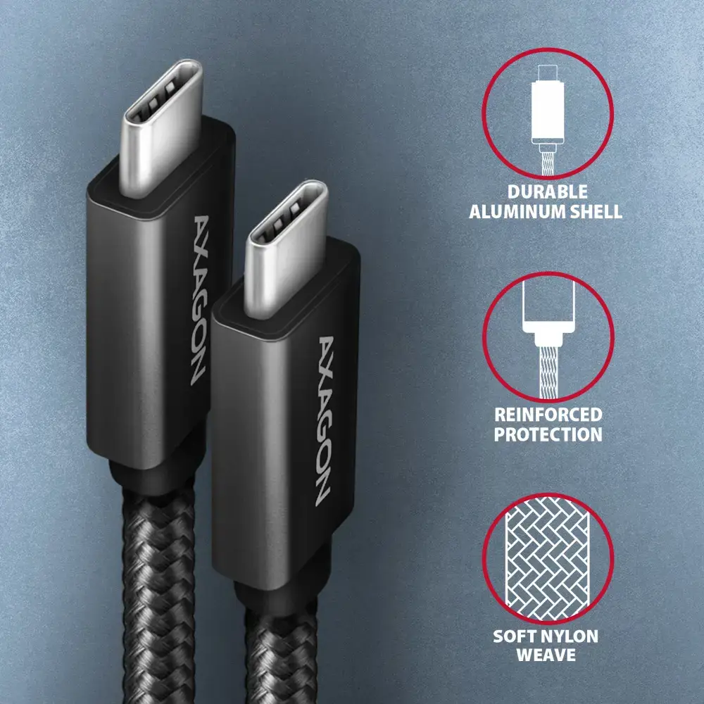 Axagon Duomenų ir įkrovimo USB 3.2 Gen 2 kabelis, ilgis 1 m. PD 100 W, 5 A, 4K HD vaizdo įrašas. Juodos spalvos pintas.