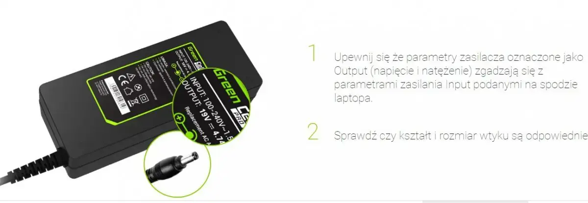 GREENCELL AD73P maitinimo šaltinio įkroviklis Green Cell PRO 19V 3.42A 65W, skirtas Acer Aspire S7 S7-392 S7-3