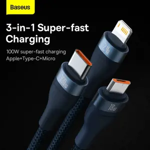 3in1 USB cable Baseus Flash Series, USB-C + micro USB + Lightning, 100W, 1.2m (blue)