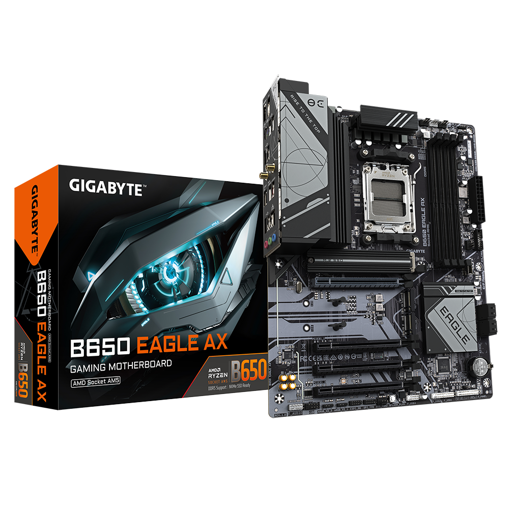 GIGABYTE B650 EAGLE AX Motherboard - Supports AMD Ryzen 7000 CPUs, 12+2+2 Phases Digital VRM, up to 7600MHz DDR5 (OC), 1xPCIe 5.0 + 2xPCIe 4.0 M.2, Wi-Fi 6E 802.11ax, GbE LAN, USB 3.2 Gen2, AMD, Socket AM5, AMD Ryzen™ 5, AMD Ryzen 7 7th Gen, AMD Ryzen 9 7th Gen, Socket AM5, 192 GB, DDR5-SDRAM