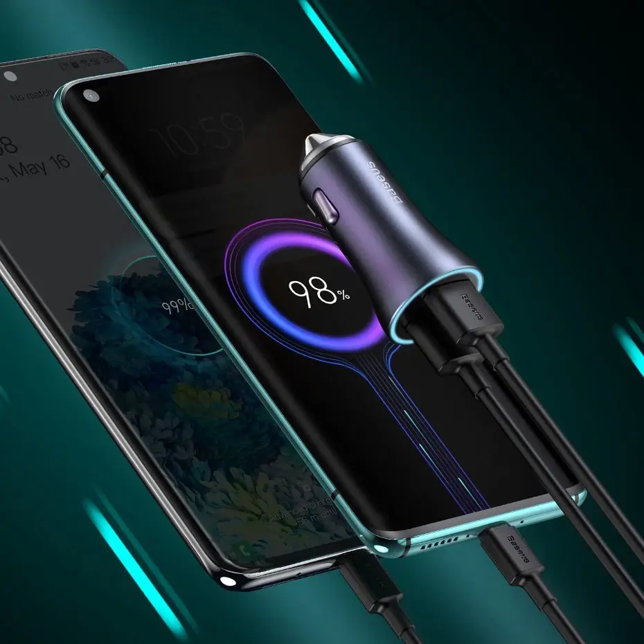 "Baseus Golden Contactor Pro" automobilinis įkroviklis, USB + USB-C, QC4.0+, PD, SCP, 40 W (tamsiai pilkas) su C tipo ir iP 1 m ilgio kabeliu, juodas