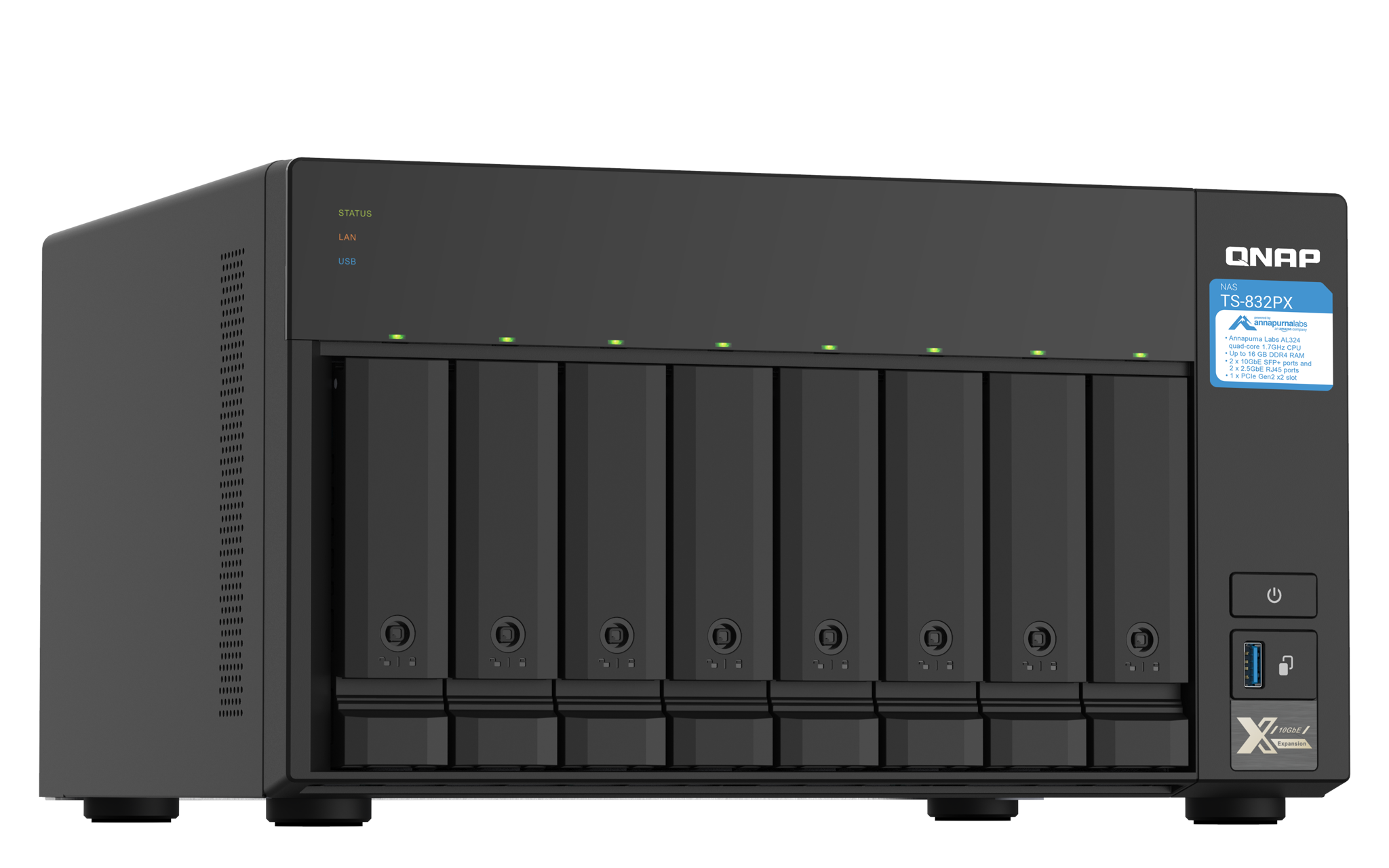 QNAP TS-832PX, NAS, bokštas, "Annapurna Labs", AL324, aliuminis, juodas