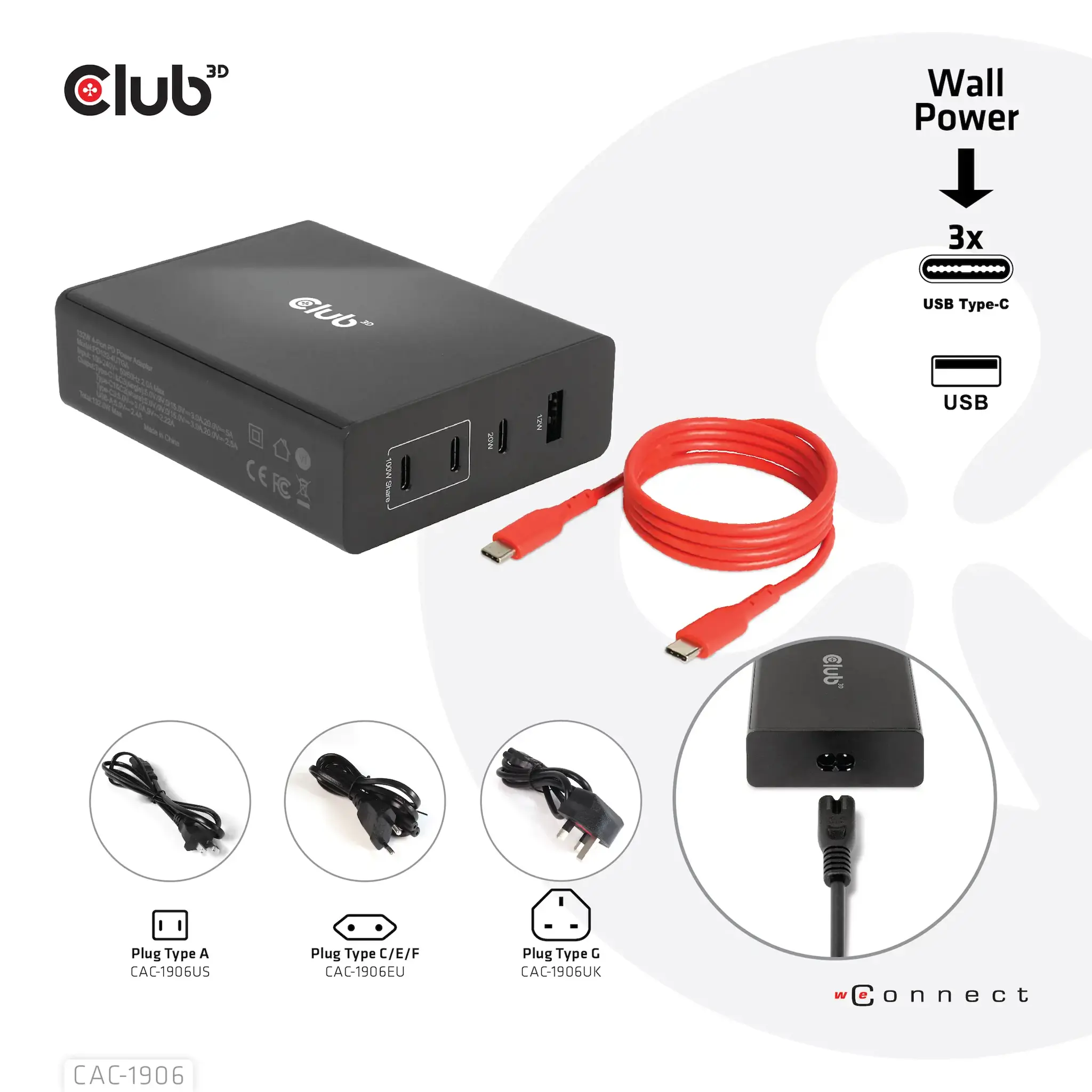 CLUB3D Travel Charger 132W GAN technology, Four port USB Type-A and -C, Power Delivery(PD) 3.0 Support, Indoor, DC, Black
