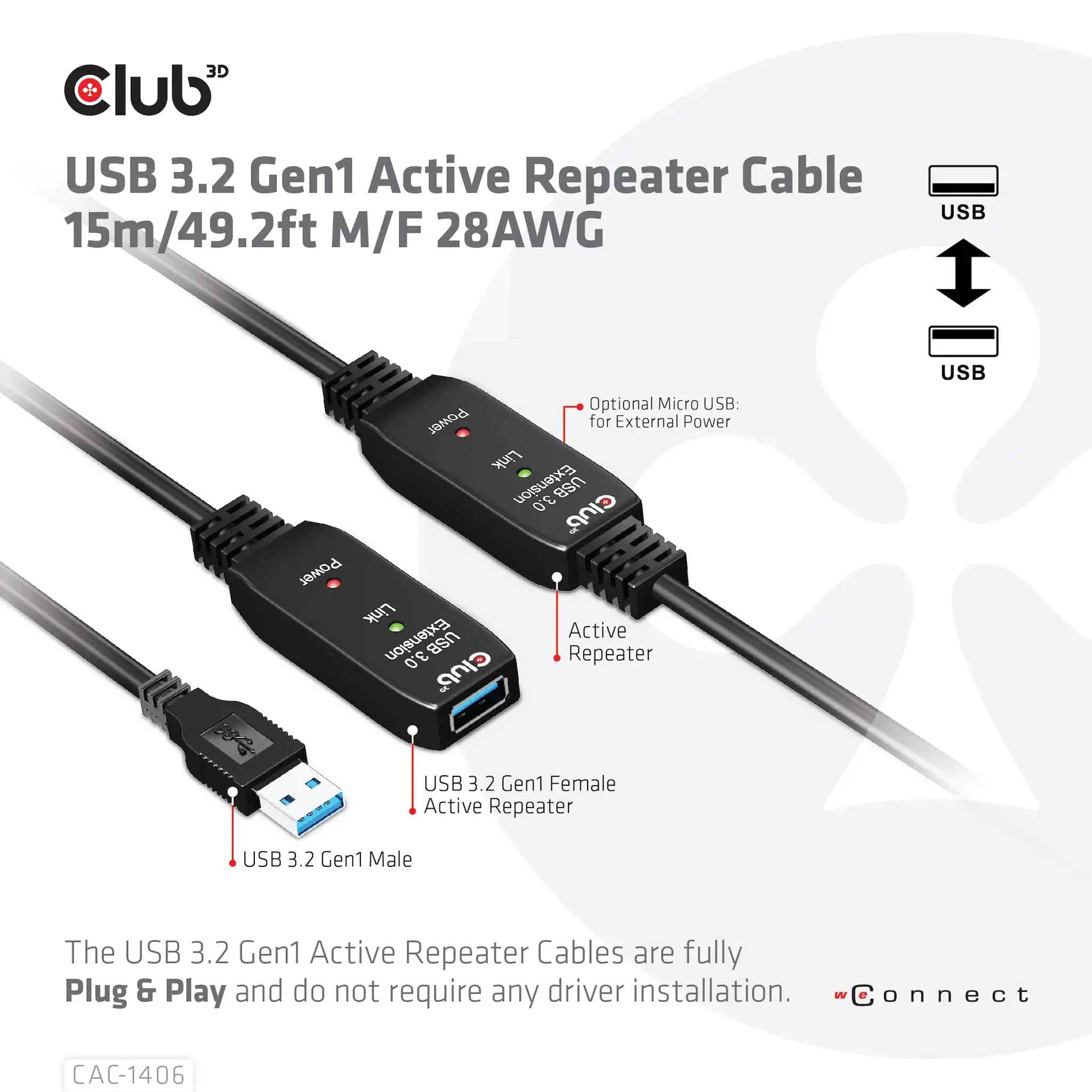 CLUB3D USB 3.2 Gen1 Active Repeater Cable 15m/ 49.2 ft M/F 28AWG, 15 m, USB A, USB A, USB 3.2 Gen 1 (3.1 Gen 1), Black
