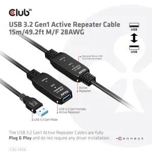 CLUB3D USB 3.2 Gen1 Active Repeater Cable 15m/ 49.2 ft M/F 28AWG, 15 m, USB A, USB A, USB 3.2 Gen 1 (3.1 Gen 1), Black
