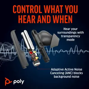 POLY Voyager Free 60+ UC M Carbon Black Earbuds +BT700 USB-C Adapter +Touchscreen Charge Case, Wireless, Calls/Music, Headset, Black
