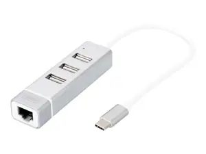 DIGITUS USB 2.0 3 prievadų šakotuvas + Fast Ethernet LAN adapteris su C tipo jungtimi