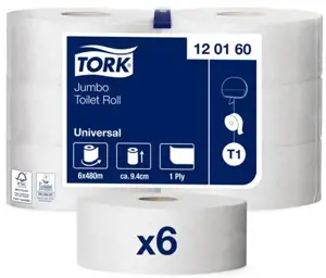 Tualetinis popierius TORK UNIVERSAL JUMBO T1,120160, 1 sl., 9.7 cm x 480 m, nebalintas