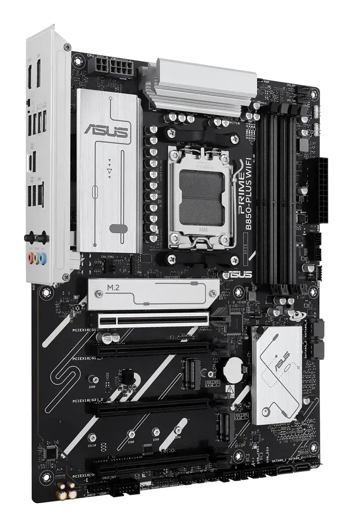 Mainboard ASUS AMD B850 SAM5 ATX Memory DDR5 Memory slots 4 2xPCI-Express 3.0 16x 1xPCI-Express 4.0 16x 1xPCI-Express 5.0 16x 3xM.2 1xHDMI 1xDisplayPort 3xUSB 2.0 5xUSB 3.2 type B 2xUSB-C 3xAudio port PRIMEB850-PLUSWIFI