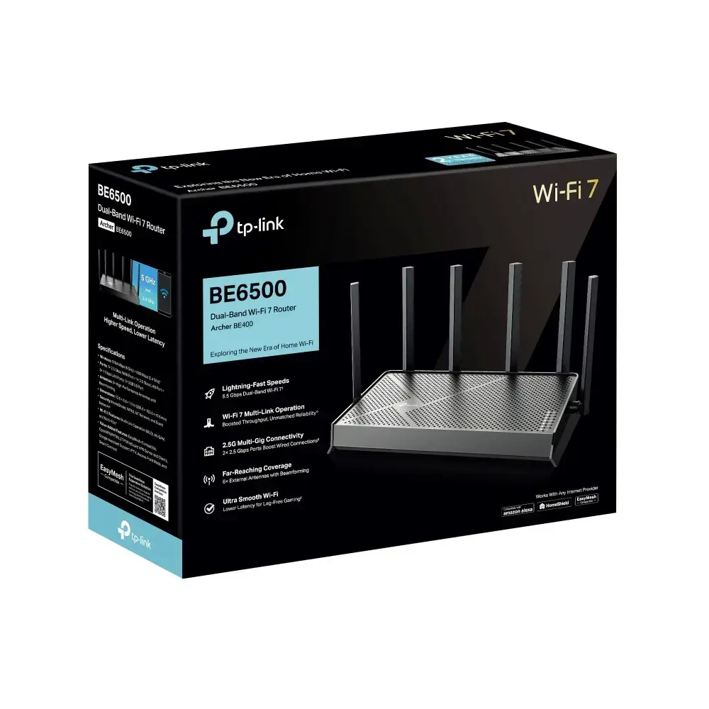 Wireless Router TP-LINK Archer BE400 Wi-Fi 7 (802.11be) Data speed 5764 Mbit/s Ethernet WAN Yes WAN connection type RJ-45 Ethernet LAN Yes 4xLAN ports USB port Yes ARCHERBE400
