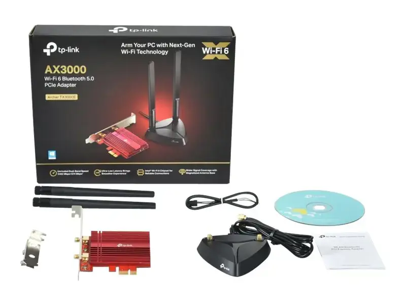 TP-Link Archer TX3000E, vidinis, belaidis, PCI Express, WLAN / Bluetooth, 2402 Mbps, juodas, raudonas