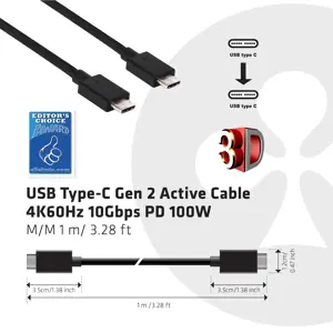 CLUB3D USB Gen2 Type C Video 4K60Hz, Data 10Gbps and 100W Charging 1Meter M/F, 1 m, USB C, USB C, USB 3.2 Gen 2 (3.1 Gen 2), Male/Male, Black