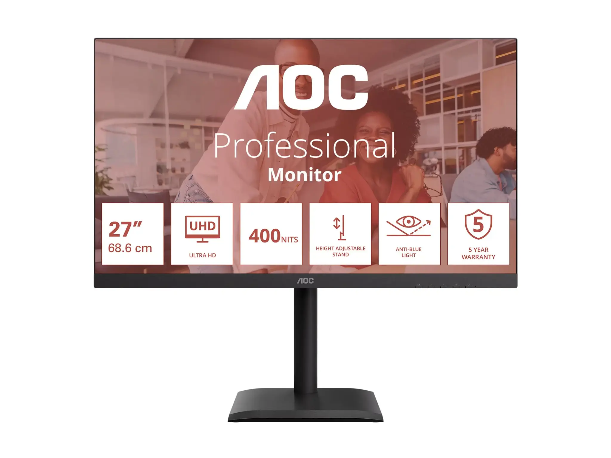 AOC U27E4CV | 27 " | IPS | UHD | 16:9 | 60 Hz | 4 ms | 3840 x 2160 pixels | 400 cd/m² | HDMI ports quantity 2 | Black