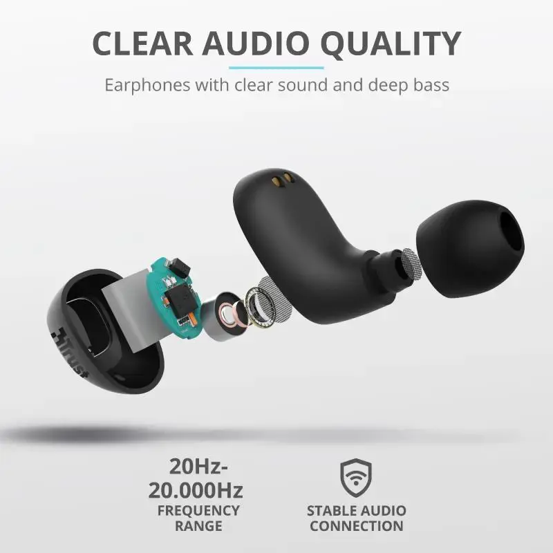 "Trust Nika Compact", "True Wireless Stereo" (TWS), skambučiai / muzika, 20 - 20000 Hz, 35 g, ausinės, juodos spalvos