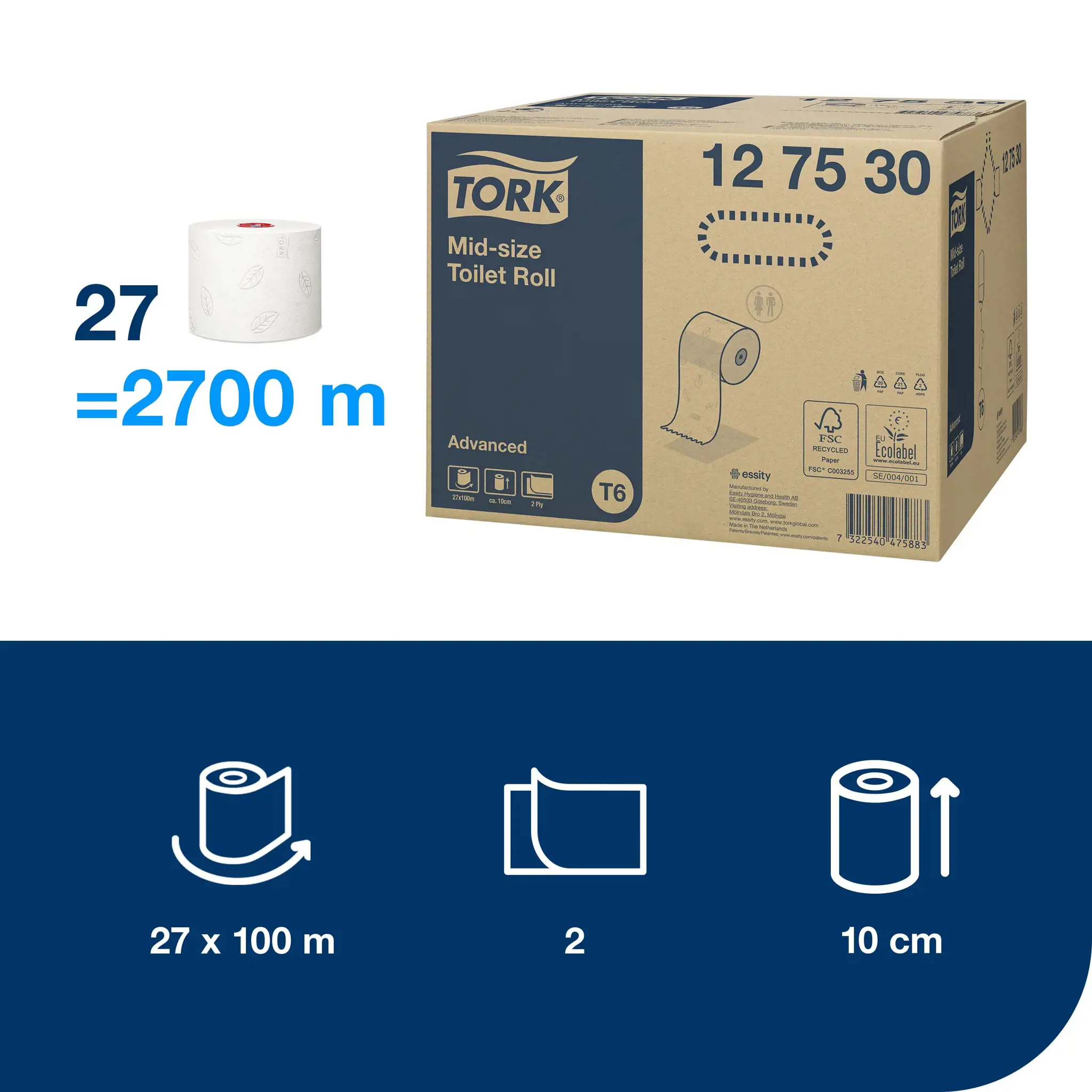 Tualetinis popierius TORK ADVANCED COMPACT T6,127530, 2 sl., 9.9 cm x 100 m, balta sp.