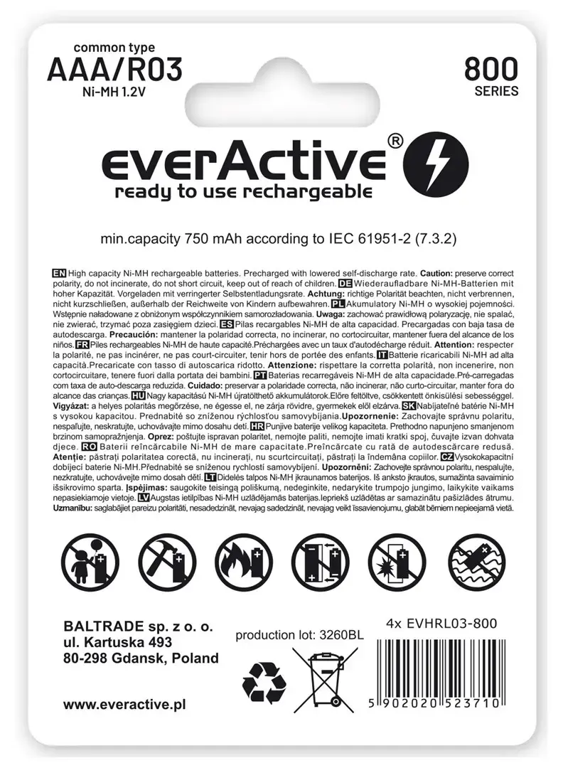 Įkraunamos baterijos everActive Ni-MH R03 AAA 800 mAh Silver Line