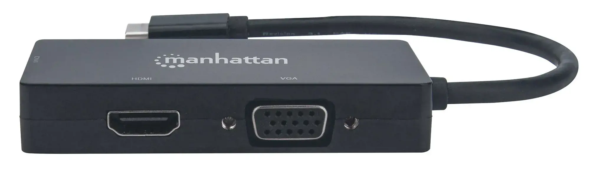 Manhattan USB-C Dock/Hub, Ports (x3): DVI-I, HDMI and VGA Ports, Note: Only One Port can be used at a time, External Power Supply Not Needed, Cable 10cm, Black, Three Year Warranty, Blister, 3840 x 2160 pixels