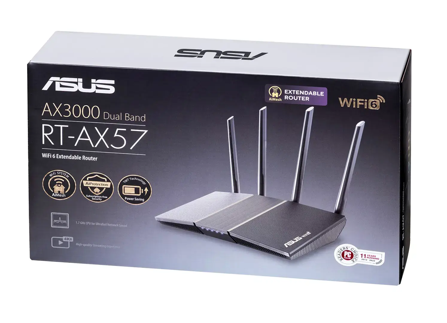 ASUS RT-AX57, "Wi-Fi 6" (802.11ax), dviejų dažnių (2,4 GHz / 5 GHz), Ethernet LAN, juodas, stalinis maršrutizatorius