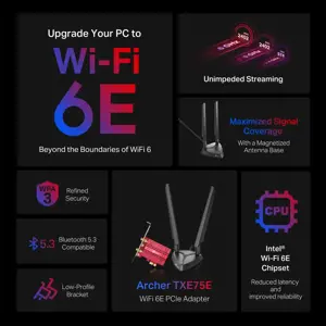 TP-Link AXE5400 "Wi-Fi 6E Bluetooth 5.2 PCIe" adapteris, vidinis, belaidis, PCI Express, WLAN / Bluetooth, 5400 Mbps, juodas, raudonas