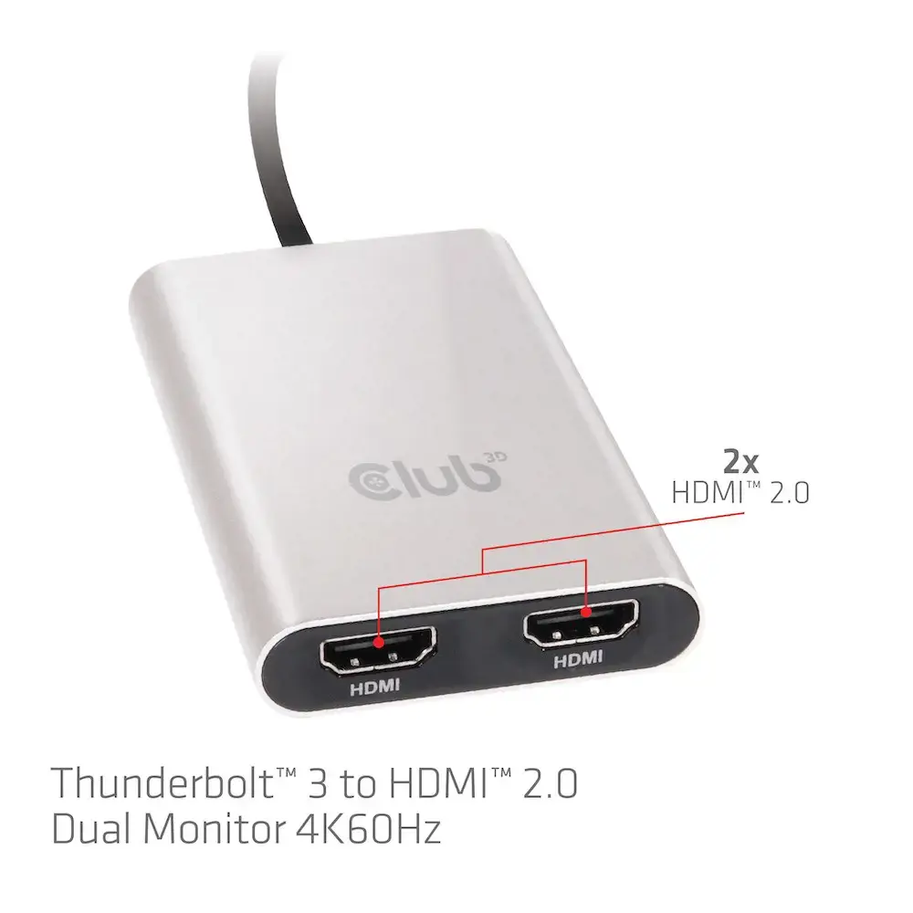 CLUB3D Thunderbolt 3 to Dual HDMI 2.0 Adapter, 2x HDMI, HDMI 2.0, 3840 x 2160 pixels, Grey, Silver, 60 Hz, 0.27 m