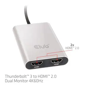 CLUB3D Thunderbolt 3 to Dual HDMI 2.0 Adapter, 2x HDMI, HDMI 2.0, 3840 x 2160 pixels, Grey, Silver, 60 Hz, 0.27 m