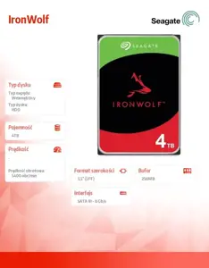 "SEAGATE NAS" kietasis diskas 4TB "IronWolf" 5400 aps./min. 6 Gb/s SATA 256 MB spartinančioji atmintinė 3,5 colio 24x7 CMR, skirtas NAS ir RAID stovo sistemoms BLK
