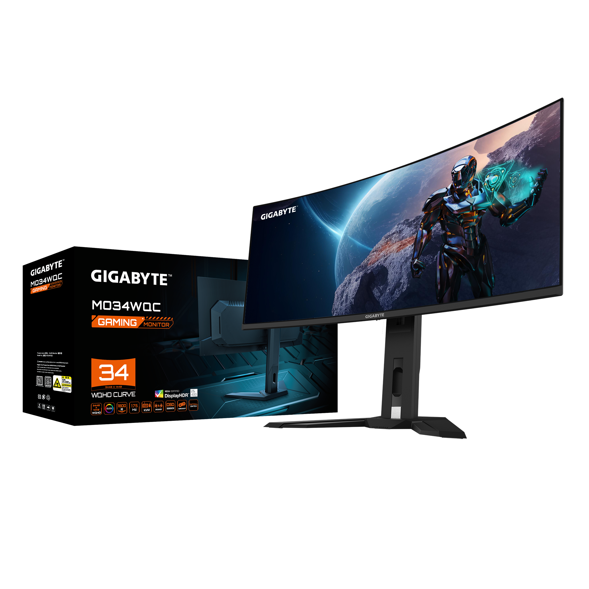 GIGABYTE MO34WQC 34” OLED WQHD Curved Gaming Monitor - 3440x1440(WQHD), 175Hz, 0.03ms, KVM, 250 cd/m2, FreeSync Premium Pro, DisplayHDR True Black 400, HDMI 2.1, Displayport 1.4, 86.4 cm (34"), 3440 x 1440 pixels, Wide Quad HD, OLED, 0.03 ms, Black