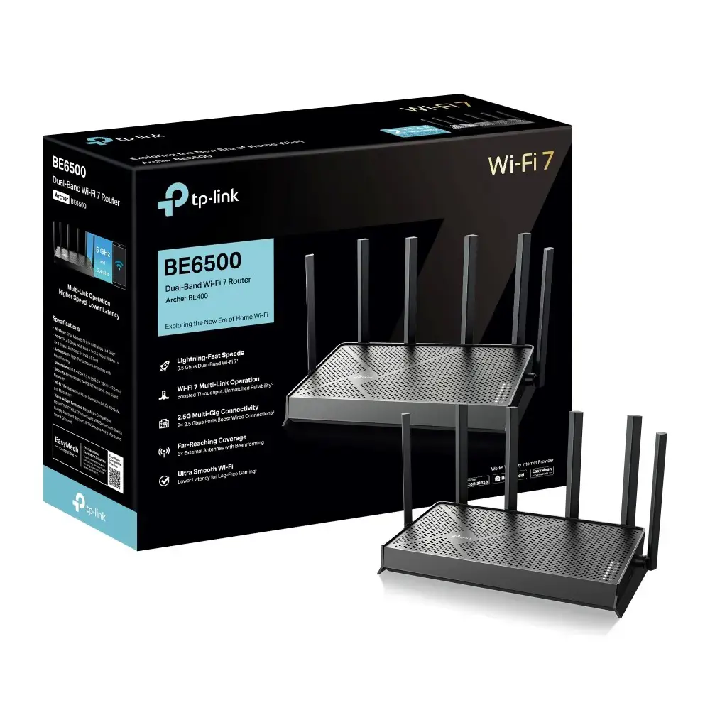 Wireless Router TP-LINK Archer BE400 Wi-Fi 7 (802.11be) Data speed 5764 Mbit/s Ethernet WAN Yes WAN connection type RJ-45 Ethernet LAN Yes 4xLAN ports USB port Yes ARCHERBE400