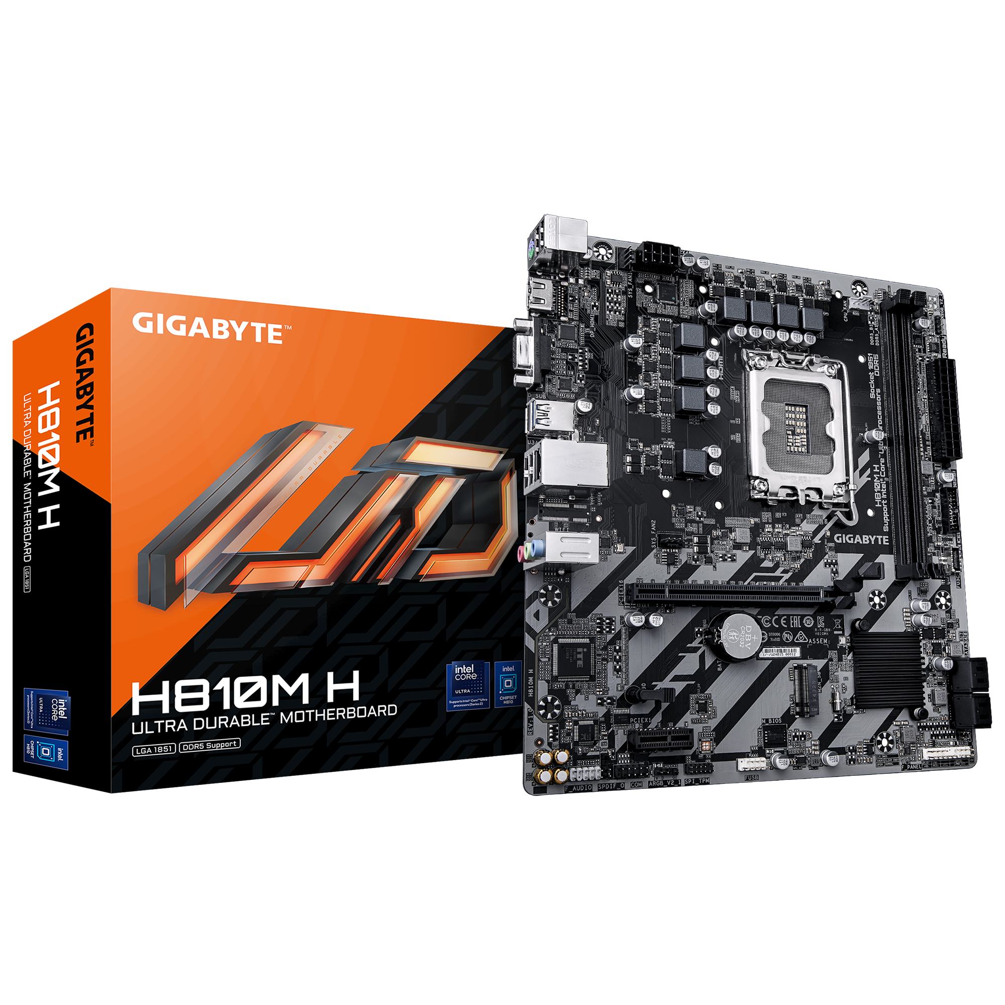 Gigabyte H810M H | Processor family Intel | Processor socket LGA1851 | DDR5 | Supported hard disk drive interfaces SATA, M.2 | Number of SATA connectors 4